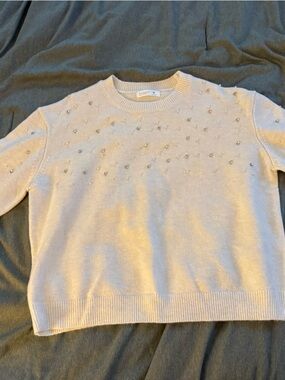 Primark Cream Crewneck Sweater with Pearl & Rhinestone Detail